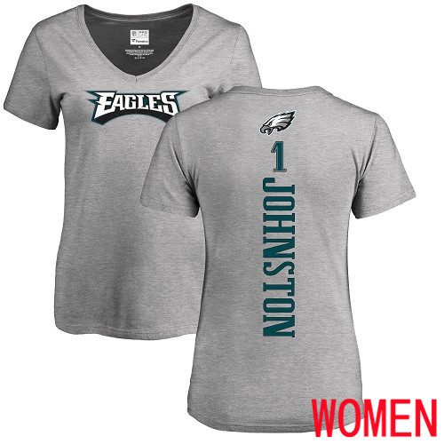Women Philadelphia Eagles #1 Cameron Johnston Ash Backer V-Neck NFL T Shirt->philadelphia eagles->NFL Jersey